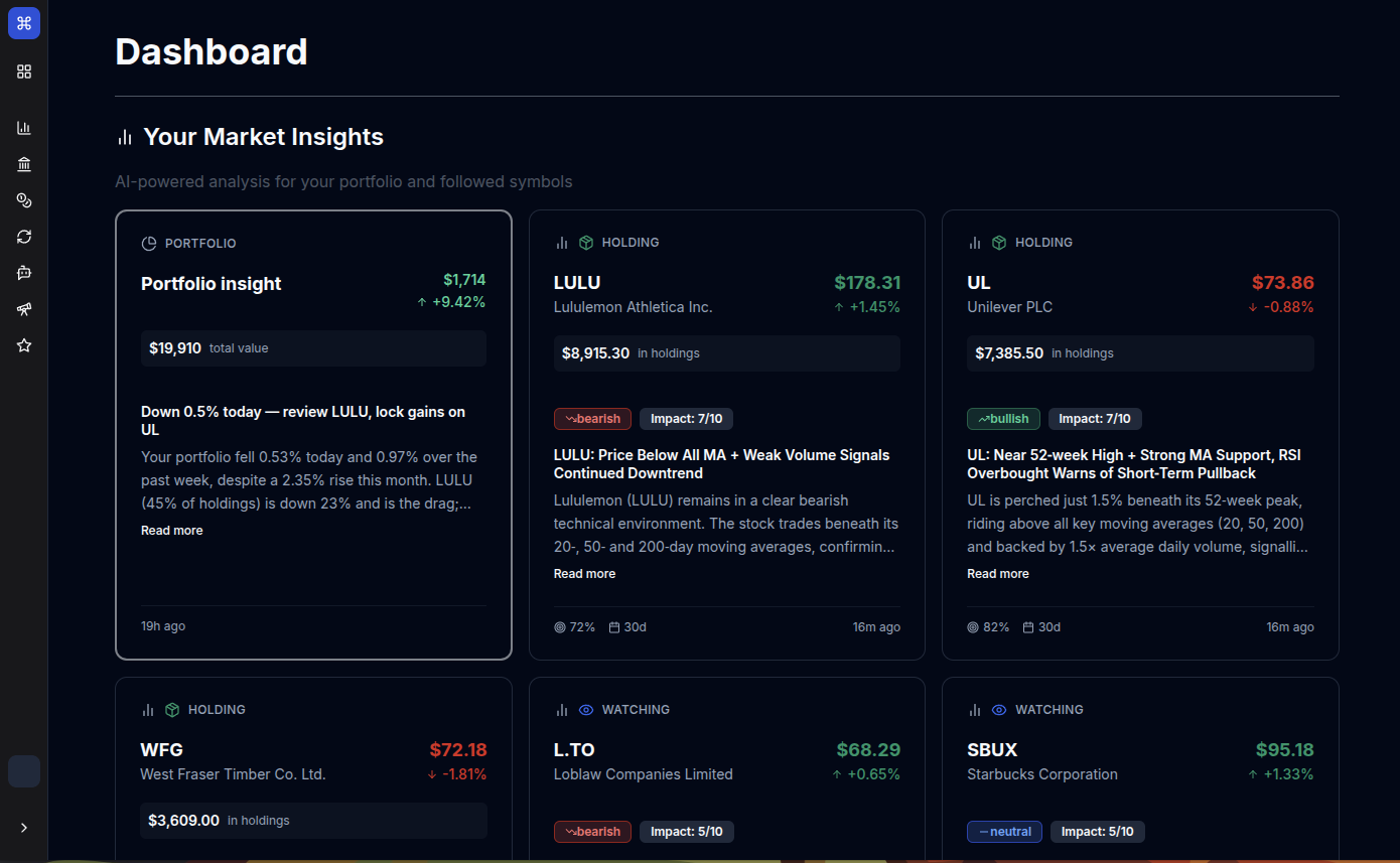 Nootka Compass dashboard: AI-powered portfolio and market insights with holdings and watchlist cards.